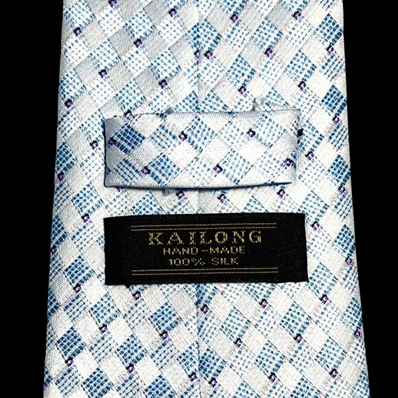 Kailong White & Light Blue Checkered Pattern 100% Silk Tie - Picture 3 of 5